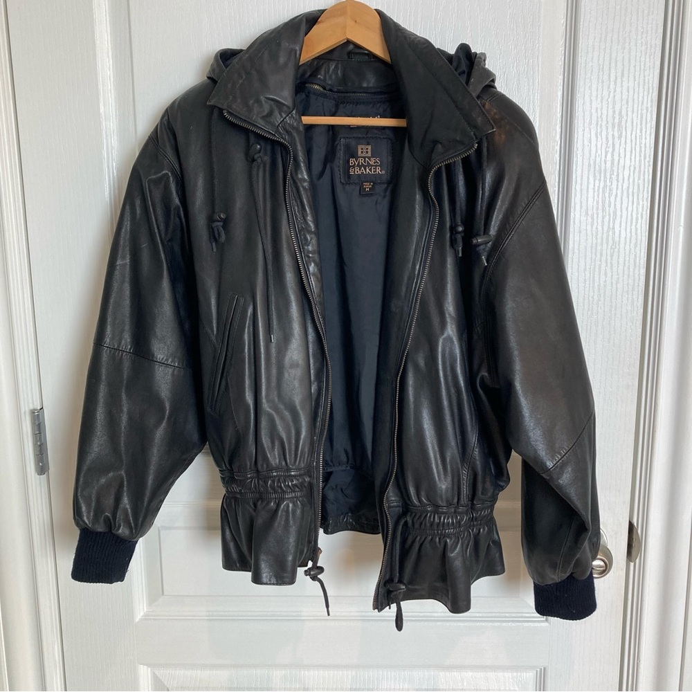 Vintage 80s Black Leather Women’s Hooded Jacket size medium